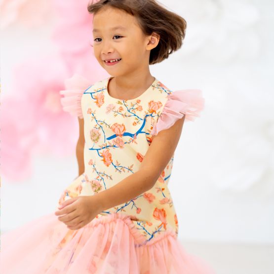 Garden Series - Girls Tulle Dress in Yellow Peony (Personalisable)