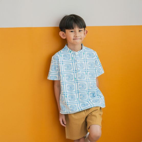 Heritage Series - Boys Jersey Shirt in Blue Peranakan Print