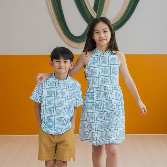 Heritage Series - Girls Cheongsam in Blue Peranakan Print