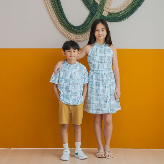 Heritage Series - Boys Jersey Shirt in Blue Peranakan Print