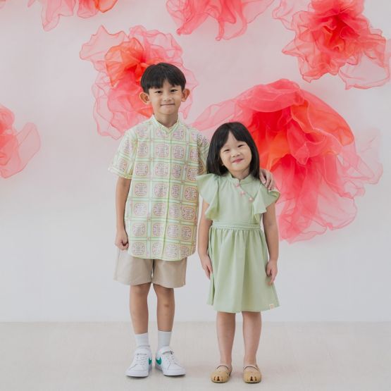 Heritage Series - Boys Shirt in Beige Peranakan Print