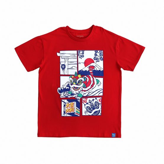 Lion Dance Series - Adult Comic Print Tee in Red