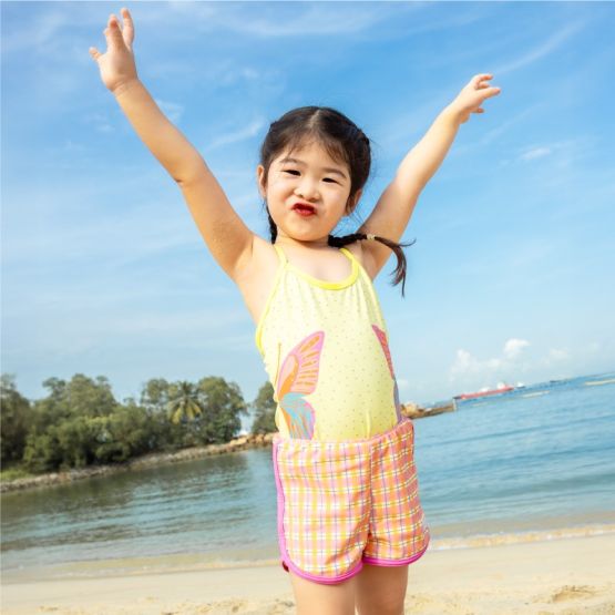 Girls Swim Shorts in Pink Gingham Print