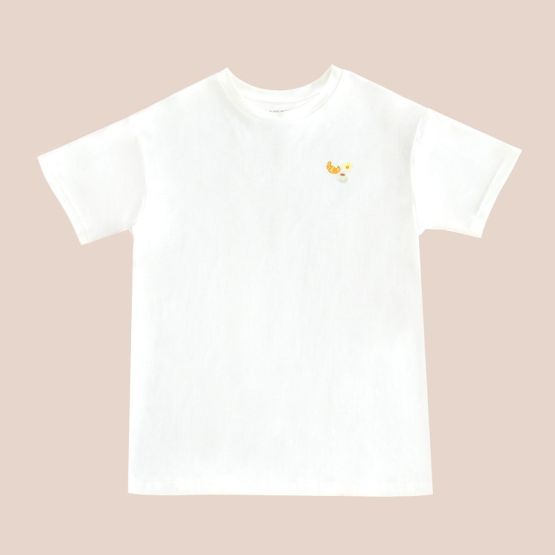 An adult tee in white, featuring a small print of breakfast food, from Le Petit Society.