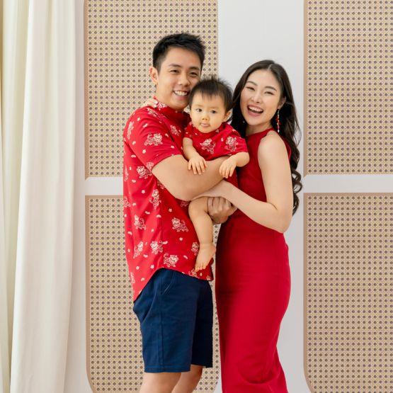 Lion Dance Series - Baby Boy Shirt Romper in Red Lion Print