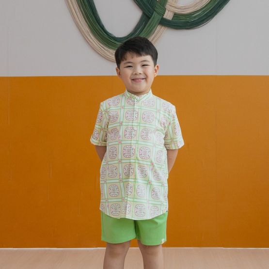 Heritage Series - Boys Shirt in Beige Peranakan Print