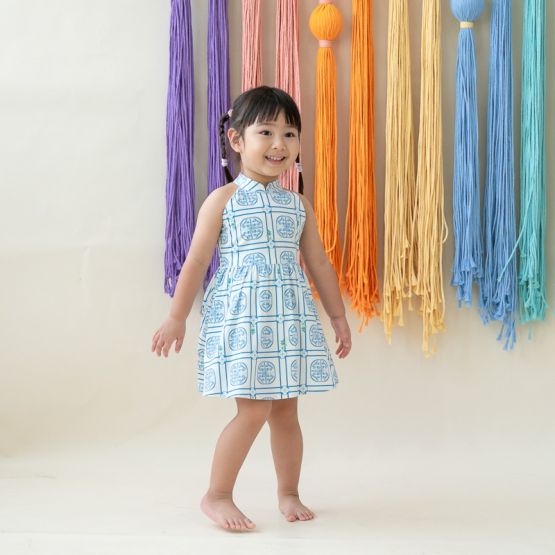 Heritage Series - Girls Cheongsam in Blue Peranakan Print