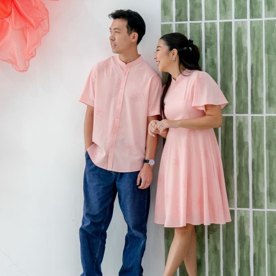 Heritage Series - Men's Mandarin Shirt in Pink Lilies (Classic Fit)