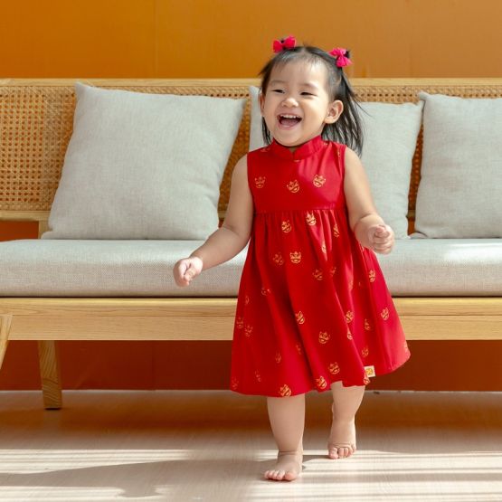 Lion Dance Series - Baby Girl Cheongsam in Gold Lion Print