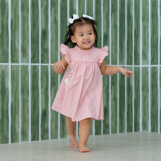 Oriental Series - Girls Baby Doll Dress in Pink Origami Koi Print