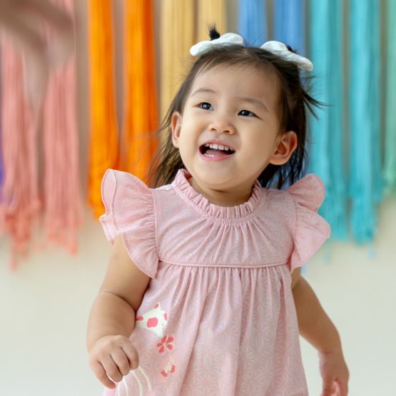 Oriental Series - Girls Baby Doll Dress in Pink Origami Koi Print