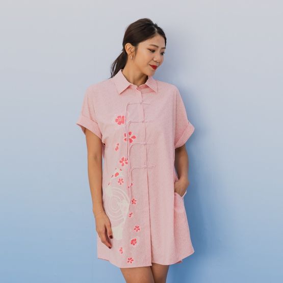 Oriental Series - Ladies Shirt Dress in Pink Origami Koi Print