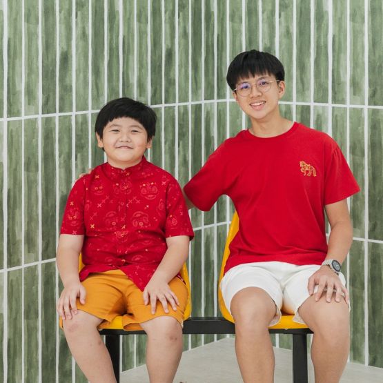 Lion Dance Series - Boys Shirt in Red Festive Lion Print