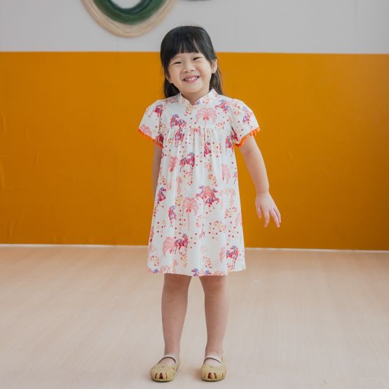 Zodiac Series - Girls Cheongsam in Red Carnival Horse Print