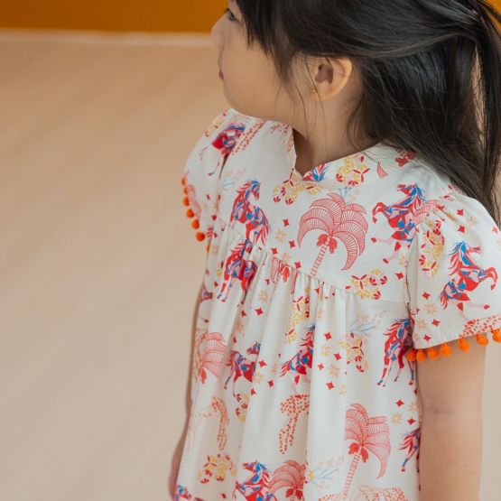 Zodiac Series - Girls Cheongsam in Red Carnival Horse Print