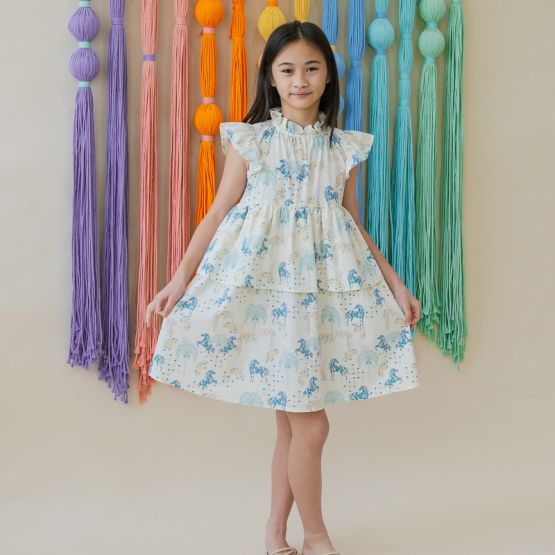 Zodiac Series - Girls Cheongsam in Teal Carnival Horse Print