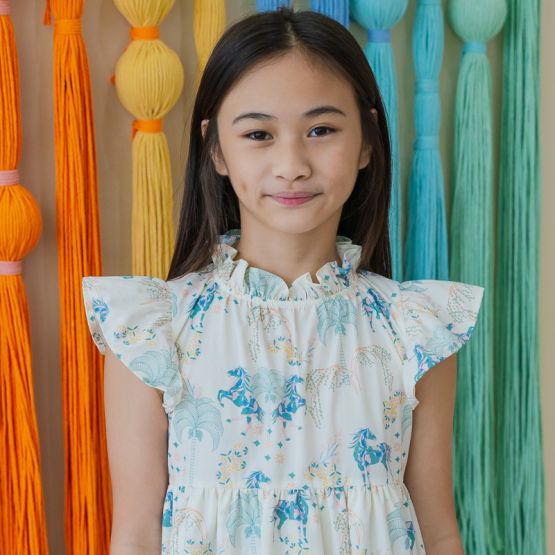 Zodiac Series - Girls Cheongsam in Teal Carnival Horse Print