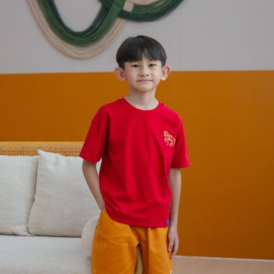 Zodiac Series - Kids Red Tee in Gold Horse Print