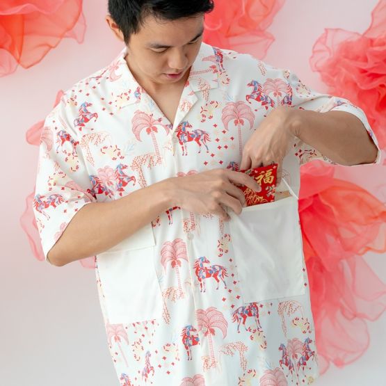 Zodiac Series - Men's Shirt in Red Carnival Horse Print (Relaxed Fit)