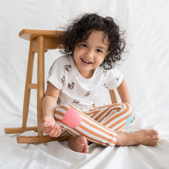 Kids Brown Striped Leggings with Panda Patches