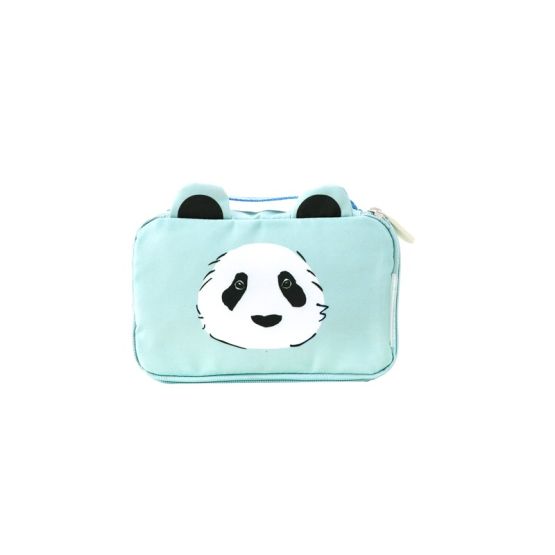 A mint blue pencil case and pouch with a panda print and pair of ears.