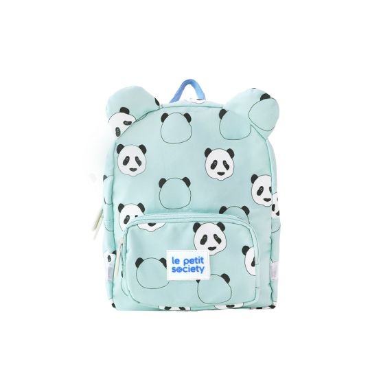 A mint green preschool bag with panda print and a pair of ears.