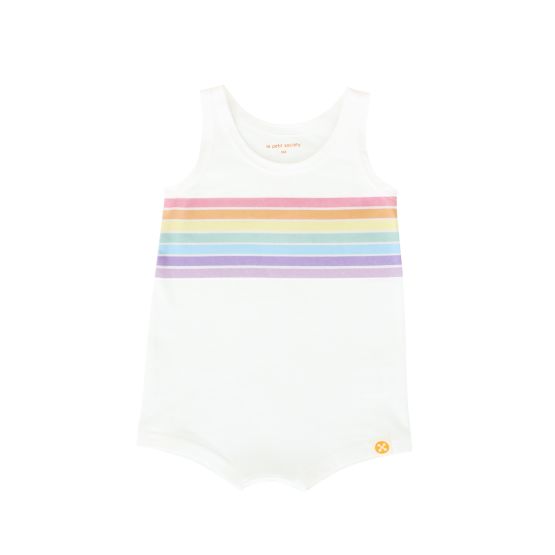 A sleeveless baby romper in pastel rainbow print from Le Petit Society's rainbow series.