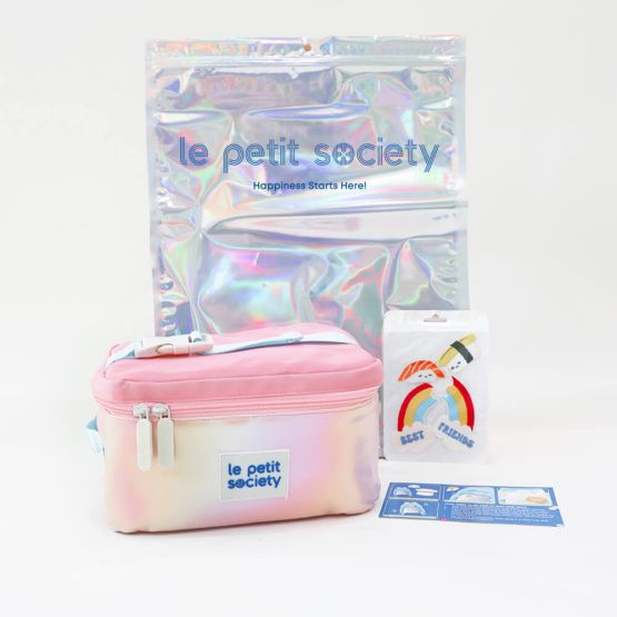 Le Petit Society's customisable party pack for best friends, containing a thermal lunch bag and sticker patches for customisation.