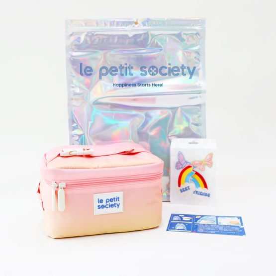Le Petit Society's customisable party pack for best-friends containing a thermal lunch bag and sticker patches for personalisation.
