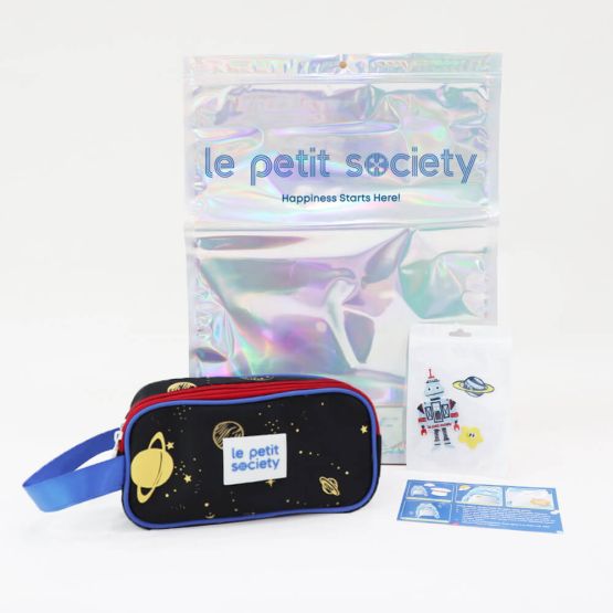 Le Petit Society's space-themed customisable party pack, with a black and red pencil case and sticker patches for personalisation.