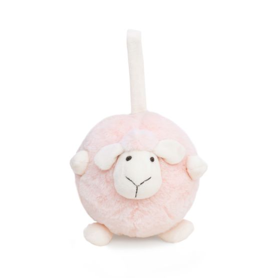 A round and plush sheep toy in soft pink by Le Petit Society stands against a white background.