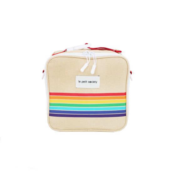 A beige-coloured thermal lunch bag with a rainbow print from Le Petit Society.