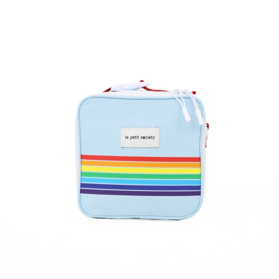 A blue thermal lunch bag with a rainbow print from Le Petit Society.