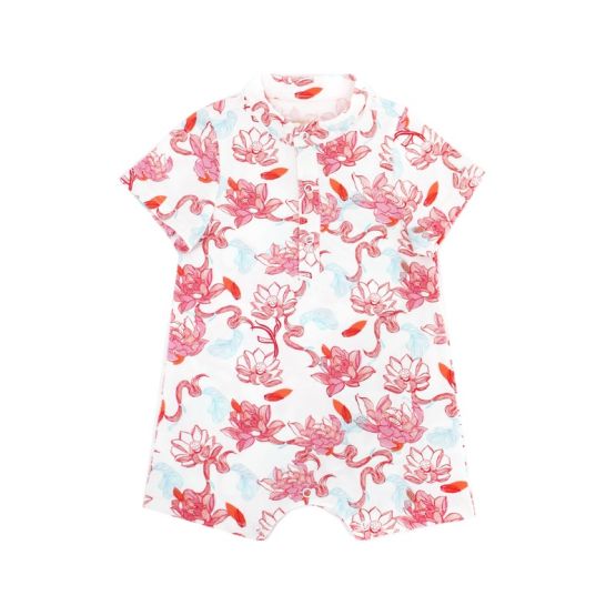 Baby romper from the Le Petit Society x Sheila Sim CNY 2026 lotus collection, featuring an allover lotus print in soft corals and sky blue. The lightweight fabric and mini mandarin collar give it a festive cheongsam-inspired look, perfect for little ones 