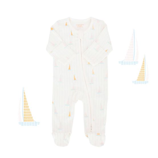 An organic baby zip sleepsuit from Le Petit Society. It is white in colour with a print of sail boats and foldable mittens and footies.
