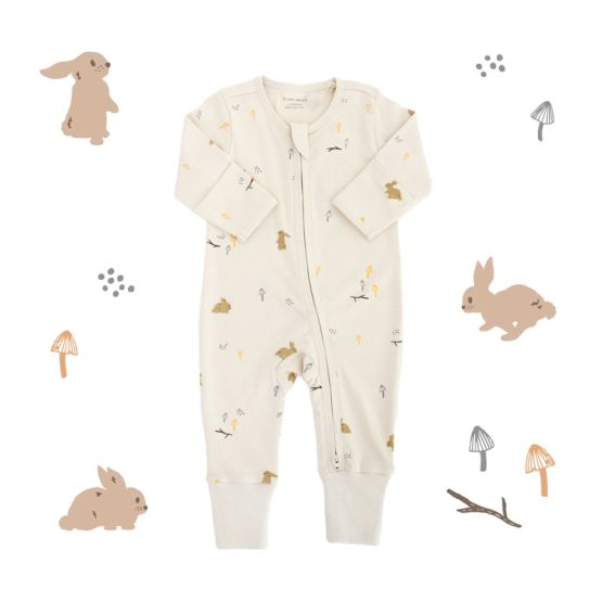 Baby Organic Zip Sleepsuit with Foldable Mittens & Footies - Beige Rabbit