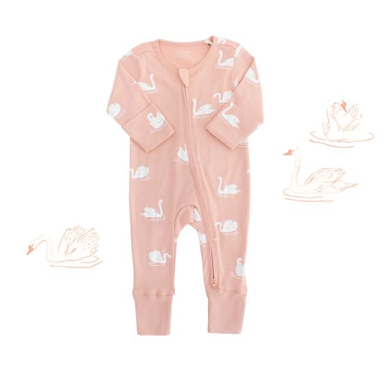 Baby Organic Zip Sleepsuit with Foldable Mittens & Footies - Swan 