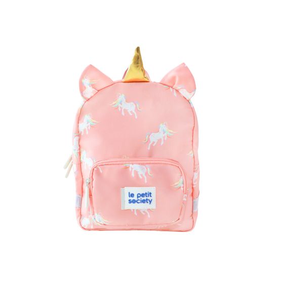 A pink preschool bag with a unicorn print, a pair of ears and a gold horn.